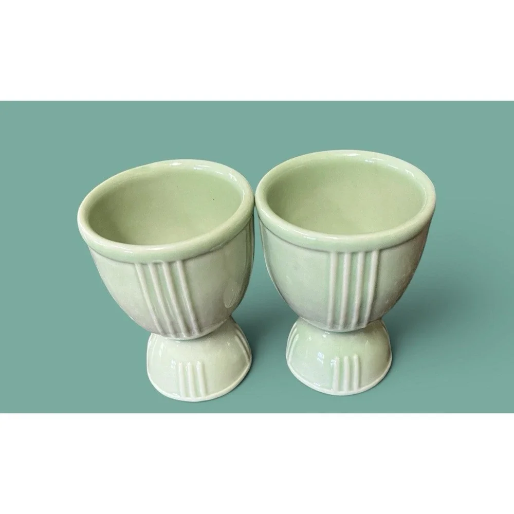 2 Hamkscraft Vintage Porcelain Ceramic Double Egg Cups Ribbed Pastel Green Mint